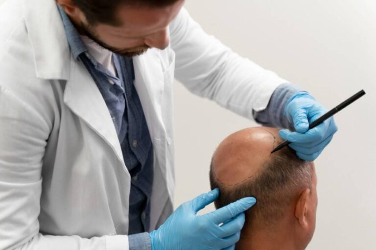 Doctor tracing hairline for a hair transplant on the crown of the head