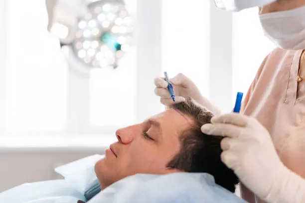 Doctor carefully examining a patient’s scalp to assess results and plan next steps in robotic hair transplant mexico, ensuring a natural and successful hair restoration.