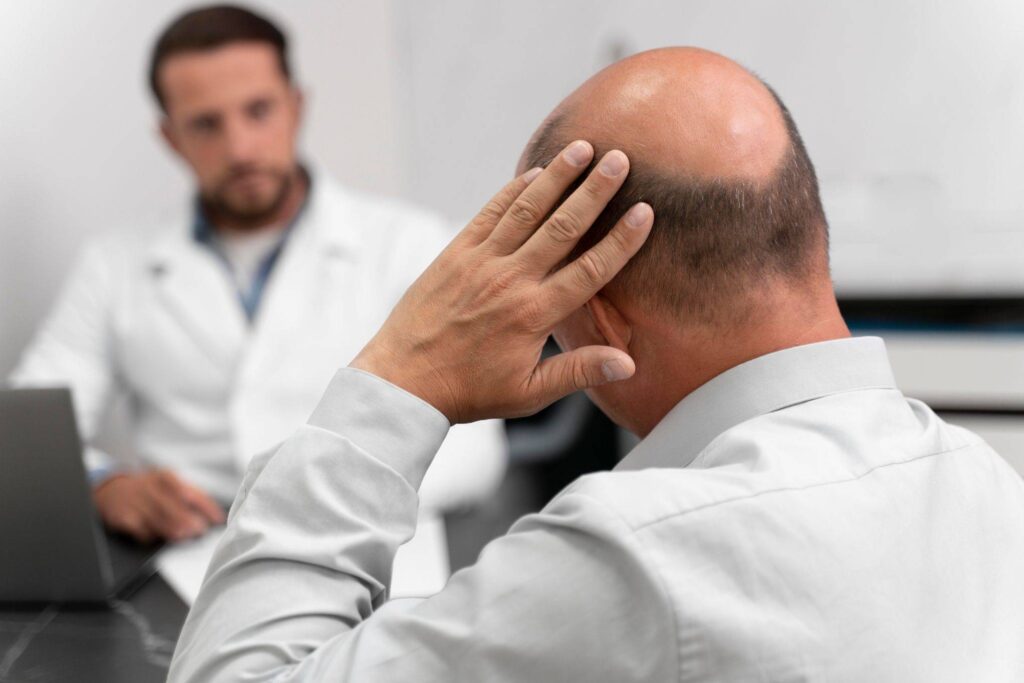 Man with hair loss on the hair transplant consultation
