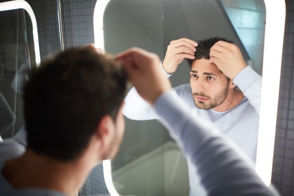Artas robotic hair transplant; image of a man in front of the mirror seeing the favorable results in his hair after an Artas transplant.
