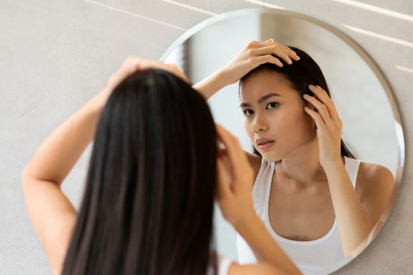 FUE hair transplant Mexico; Image of a woman in front of the mirror looking closely at her hair loss, being a candidate for an effective and safe hair treatment.