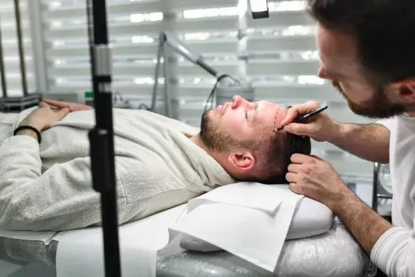 A man being examined by a doctor checking his head, showcasing personalized care and the accessible hair transplant cost Mexico.