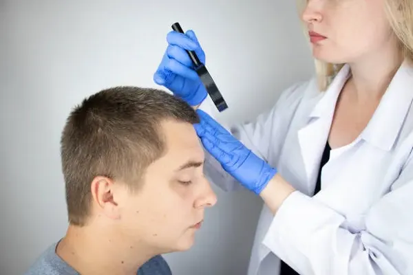 Illustration of a doctor evaluating a man’s head, discussing the permanence of the procedure and answering is hair transplant permanent for long-term effects.