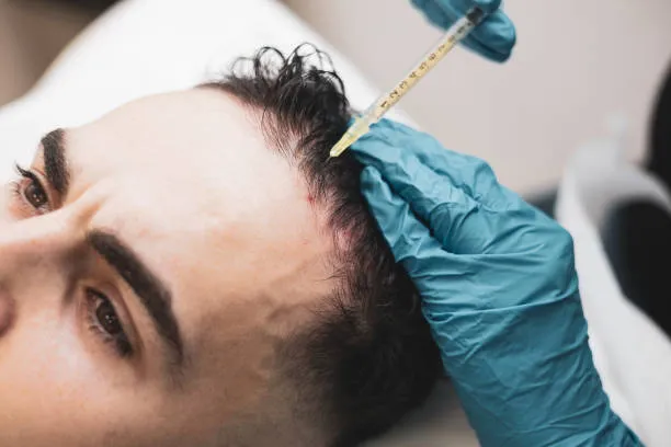 Specialist injecting a man's scalp as part of post op care for FUE hair transplant to ensure optimal hair growth results