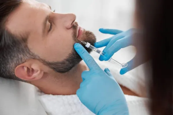 Male patient receiving hair grafts on the beard and cheeks using a modern technique performed by a specialist in facial hair transplant procedures.