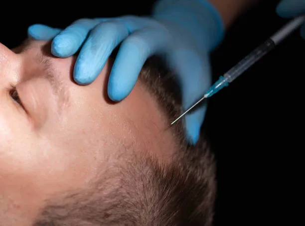 A man receiving hair injections in a clinic environment, part of the clinical procedure followed during artas hair transplant recovery sessions