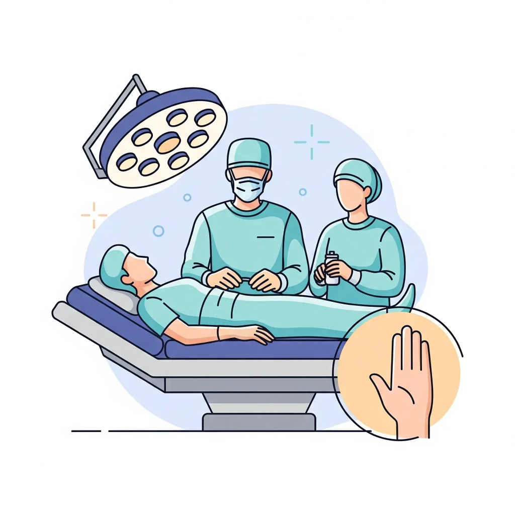 Two surgeons operating under a surgical lamp, symbolizing expert-level care and precision during your hair transplant Cancun Mexico procedure