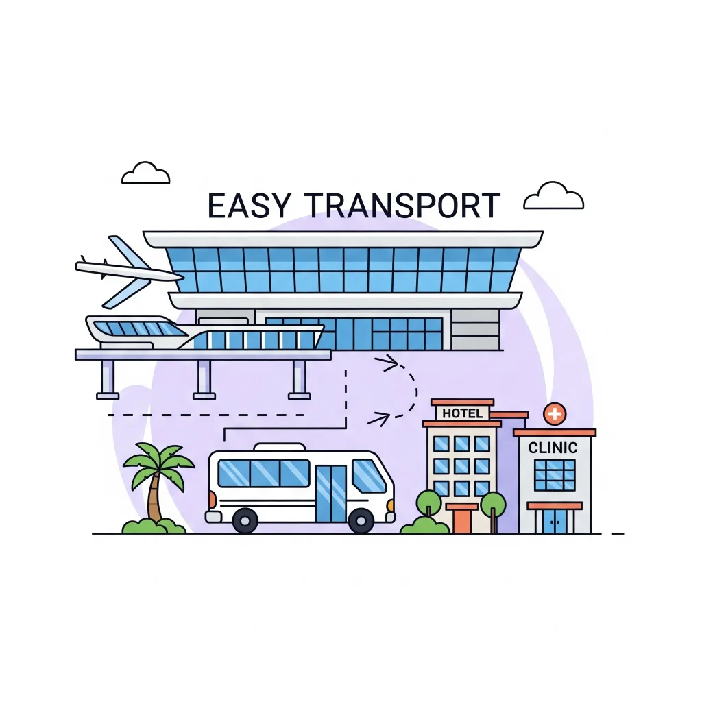 Airport and shuttle imagery showcasing the smooth travel logistics included in the hair transplant Cancun Mexico treatment package