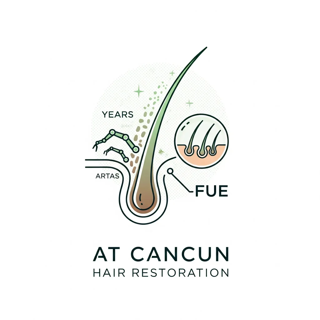 Hair follicle diagram with ARTAS and FUE symbols, emphasizing the use of top technology in hair transplant Cancun Mexico treatments