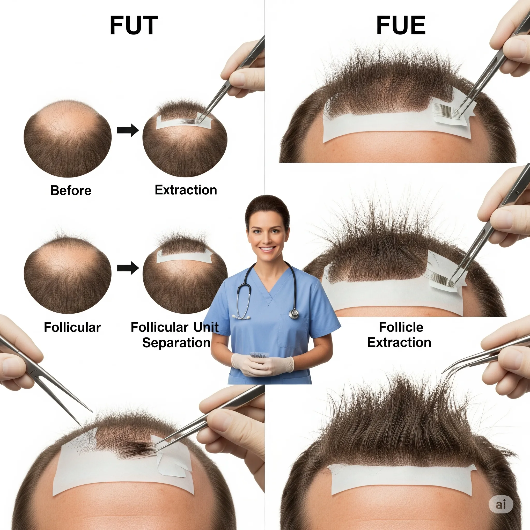 Visual comparison between FUT and FUE techniques, highlighting clean and natural results of hair transplant Cancun Mexico treatments