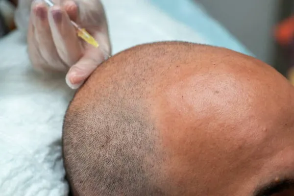 A doctor performing an injection on a man’s scalp to treat Frontal Fibrosing Alopecia, focusing on medical procedures for this type of hairline loss.