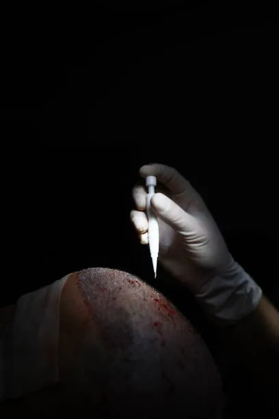 Male doctor implanting hair follicles one by one into the scalp during DHI hair transplant, ensuring accuracy and natural hairline results.