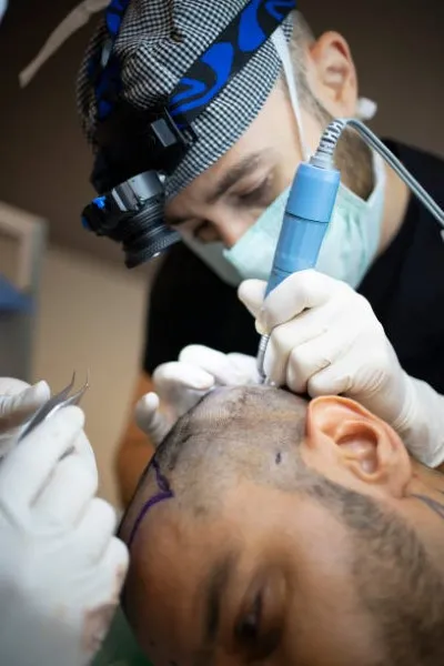 Doctor performing hair transplant procedure on a patient, demonstrating techniques and care involved in DHI vs FUE Hair Transplant.
