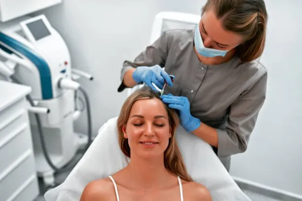 Doctor preparing and applying platelet-rich plasma carefully to the patient, demonstrating the benefits of the PRP Hair Treatment Cost.