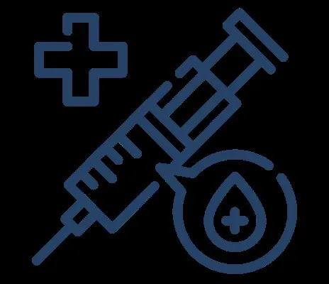 Símbolo gráfico que ilustra la aplicación de la terapia con células madre a través de una inyección y una gota de plasma