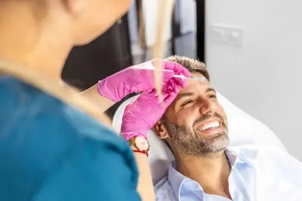 Especialista aplicando una inyección de plasma o células madre para un tratamiento estético en el rostro de un paciente sonriente