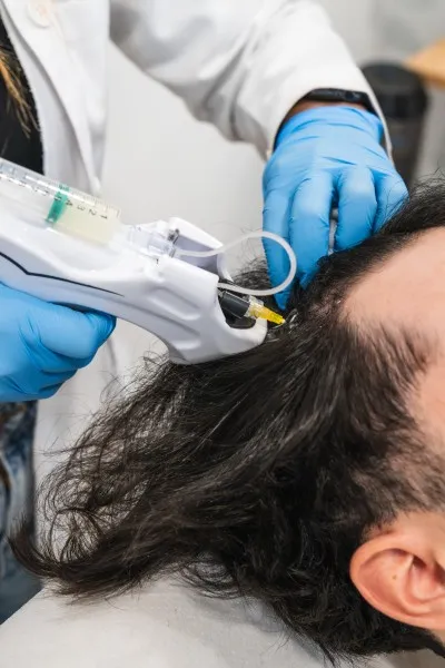Doctor inyectando un suero nutritivo en el cuero cabelludo para fortalecer el cabello y mejorar los resultados del injerto capilar en Cancún