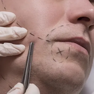 Médico utilizando pinzas para implantar un folículo en el área de la barba de un paciente como parte de su restauración capilar