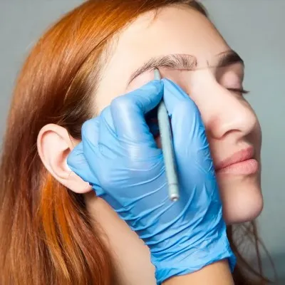 Mano enguantada de un especialista marcando la forma y el diseño de la ceja antes de un procedimiento de restauración capilar de cejas