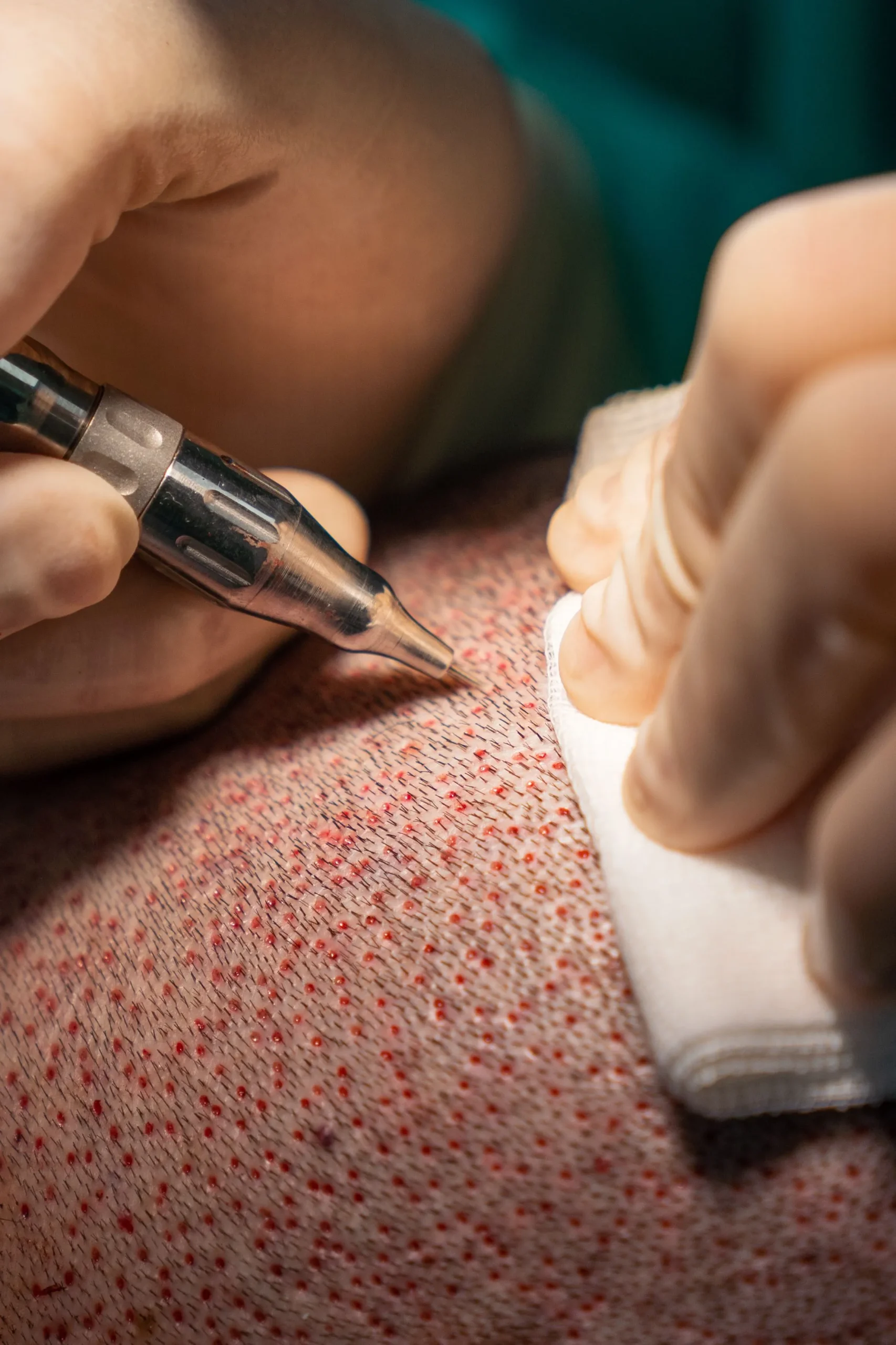 Surgeon extracting individual follicles using advanced tools for the best hair transplant Mexico has.