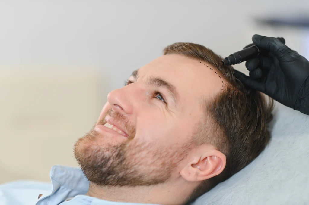 Doctor drawing a new hairline on a patient before starting the best hair transplant Mexico process.