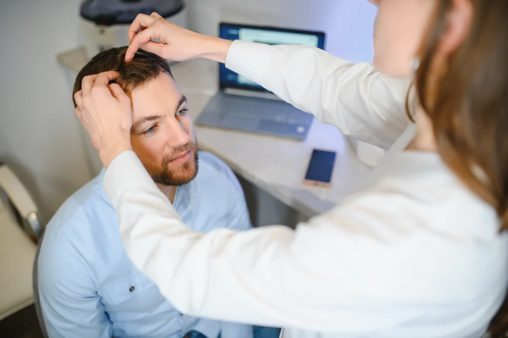 A doctor is examining a man's scalp with short hair, addressing concerns about "does hair transplant hurt".