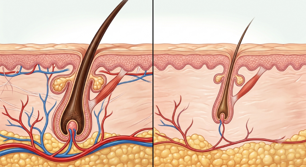 Diagram showing hair follicle stimulation and scalp nourishment from copper peptides for hair growth treatment.