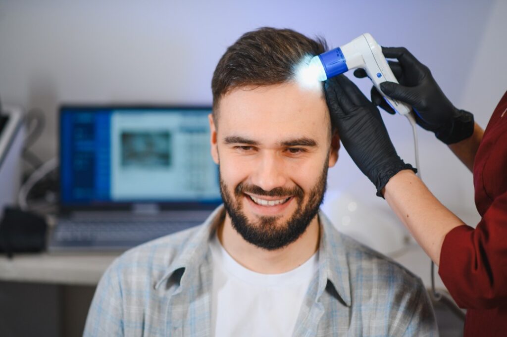 Specialist using a diagnostic camera on a smiling man testing copper peptides for hair growth on his scalp.