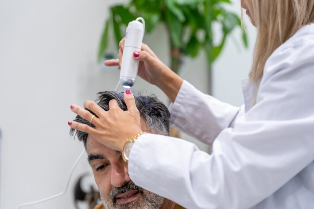A specialist uses a precision laser-like tool on a man's scalp for a non-surgical exosomes treatment.