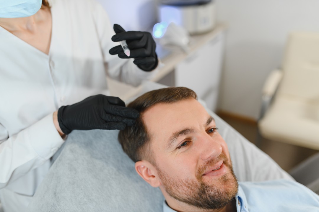 Doctor injecting patient's scalp at a hair transplant clinic.