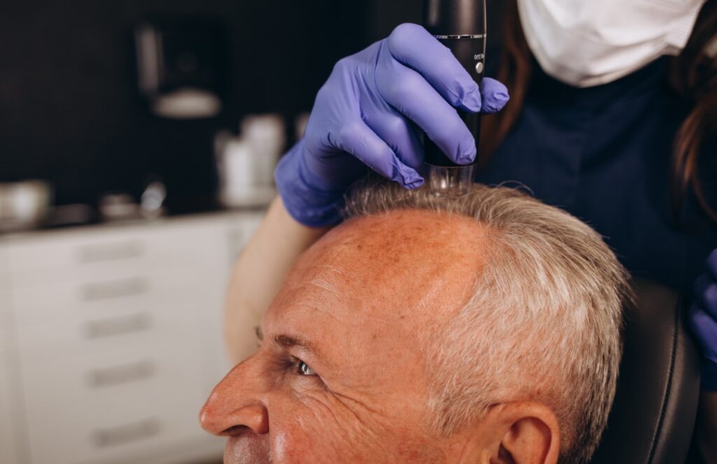 Un médico usando una herramienta de diagnóstico en el cuero cabelludo antes de stem cell therapy for hair loss.