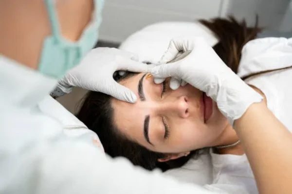 Beauty technician shaping a woman’s eyebrows with precision, emphasizing aesthetic improvements gained through the benefits of eyebrow design.