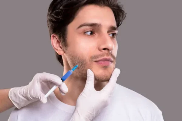 Man receiving targeted injections in his beard area during a professional procedure designed for facial hair transplant with natural results.