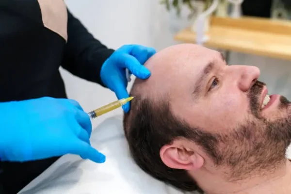A man lying down while receiving scalp injections, showing part of the process often compared in prp treatment vs hair transplant evaluations.