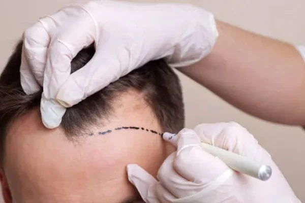 A man with visible hair loss looking at potential treatment results, reflecting decision-making related to the types of surgeries for alopecia.