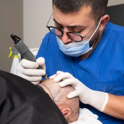 Doctor measuring the patient’s scalp to design the hairline and plan graft placement before starting the DHI hair transplant procedure.