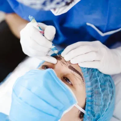 Doctor implanting hair follicles into a female patient’s eyebrows during eyebrow hair transplant to restore fullness and natural shape.