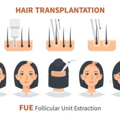Detailed medical illustration of FUT hair transplant explaining step by step how donor hair is extracted and implanted to restore hairline density.