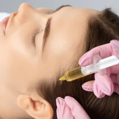 Female doctor performing PRP treatment by injecting platelet-rich plasma into a woman’s face to rejuvenate skin and improve elasticity.