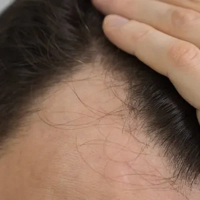 Another view of a man’s forehead area where hair is falling out due to Frontal Fibrosing Alopecia, highlighting the progressive nature of this condition.