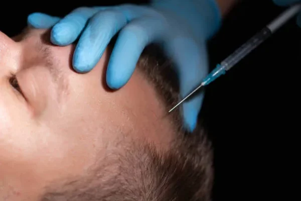 Patient receiving scalp injections during a minimally invasive Artas hair transplant process at a specialized hair restoration clinic.