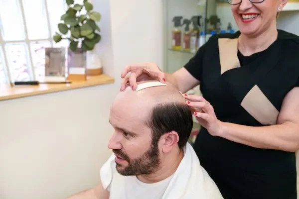 Experto aplicando parches adhesivos para la fijación de prótesis capilares de alta calidad en pacientes interesados en un injerto de cabello seguro y natural.