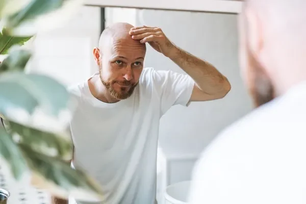 Hair botox: hombre calvo mirando su reflejo en el espejo mientras evalúa los resultados de su tratamiento capilar avanzado.